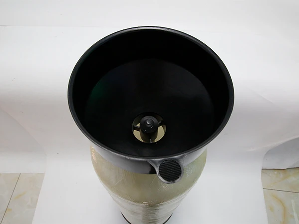 A worker is putting the central tube into the softener tank