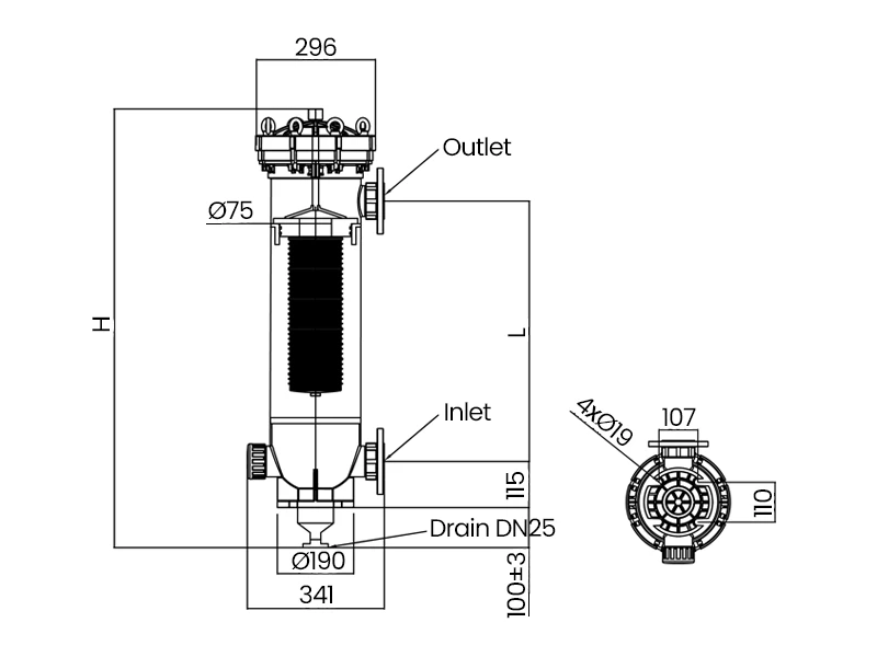 Dimension diagram of pp resin trap with annotations