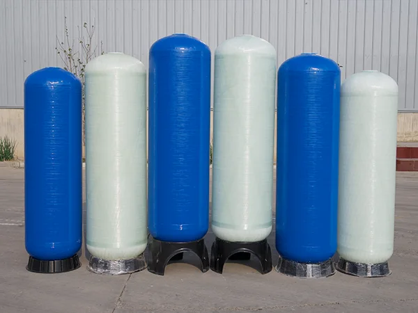 Six different colors of FRP tanks in the yard.
